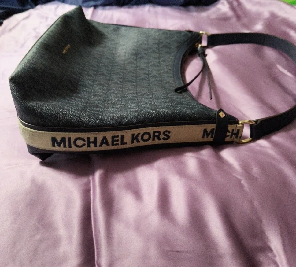 Michael Kors Maeve Logo Large Monogram Shoulder Bag (Navy with Gold Accents)